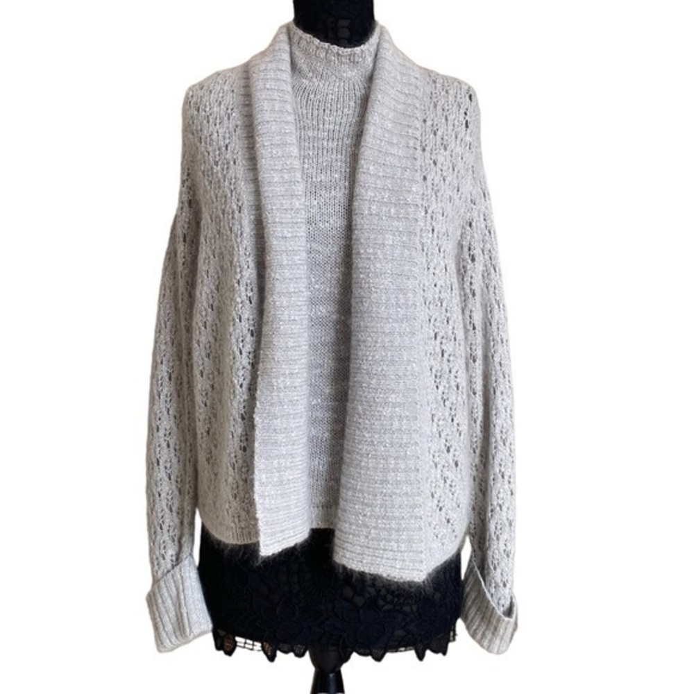 Ellen Tracy Gray Silk Mohair Fuzzy Knit Pastel Cardigan Tank Set Medium